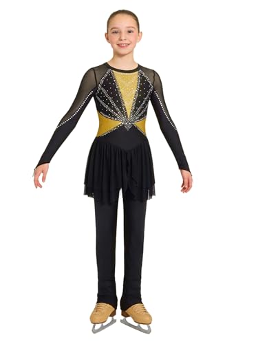 Agoky Maillot De Danza Ballet para Niña Mono Patinaje Artístico De Manga Larga Elástico Ropa De Baile Competición Amarillo 15-16 años