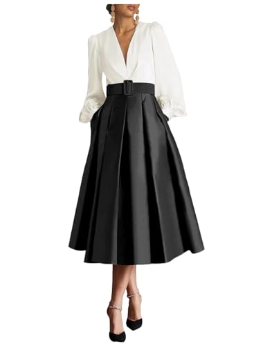 Caodip Damen Satin Teelänge Ballkleid mit Taschen Langarm Abendkleid Elegant A Linie Hochzeitsgast Kleid, Weiß, Schwarz, 36