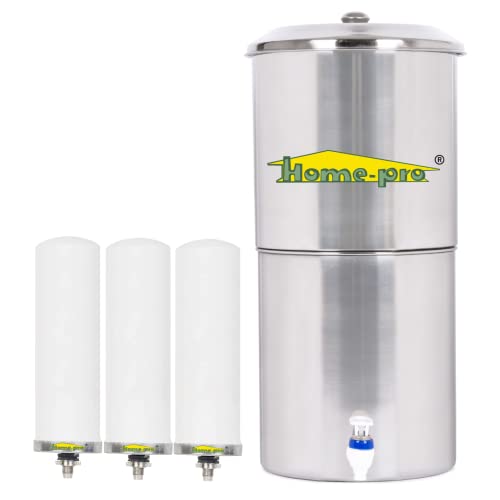 Image of Home-Pro - Gravity Water Filter and Purifier | 27 Liters Total Capacity (14L Bottom & 13L Top) Made with Stainless Steel |Includes 3 Creamic Long Candle and Food Grade Plastic Tape