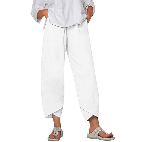 Cotton Linen Casual Summer Capri Pants Printed Cropped Comfy Baggy Trousers with Pockets Palazzo Lounge Pants