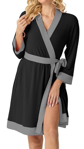 Image of PrinStory Womens Robe Knit Kimono Bathrobe Lightweight Soft Sleepwear Knee Length Lounge Robes