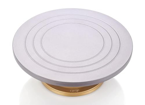 Image of Cake Decorating and Icing Turntable /Serving Stand, 360 Smooth Rotating Cake Stand, Silver Top & Golden Bottom, 12 Inch (30 cm) Diameter Fiber Cake Turntable (Rotating)
