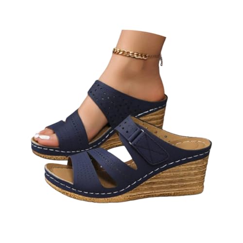 Navy Blue Wedge Sandals for Women 2026 Dressy Platform Sandals Women Casual Comfortable Fashion Mid Heels Open Toe Espadrilles Wedges Slip on Shoes Dressy Summer Flat Heels