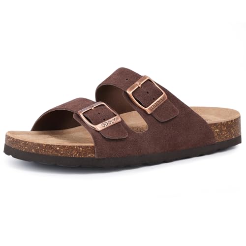 Image of ODOLY Unisex Cork Footbed Slide Sandal, Arch Support Summer Outdoor Sandals with Adjustable Buckle for Women and Men, Brown Suede 39 (8-8.5 Women/6.5-7 Men)