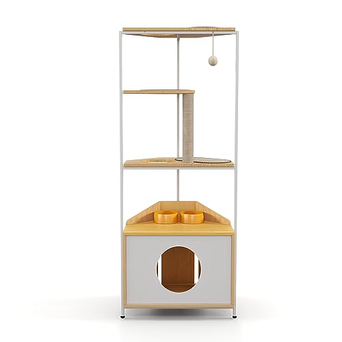 NAHANGPET Corner Cat Tower, Cat Tree with Scratching Post, Cat Condo with Feeding Station and Climbing Platforms, Pet Furniture for Indoor Cats