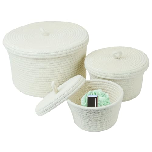 Cesta de almacenamiento redondo de 3 piezas, cesta de cuerda de algodón Boho tejida con tapa, linda caja de contenedor de almacenamiento para almacenar juguetes, hilo y artículos pequeños, blanc