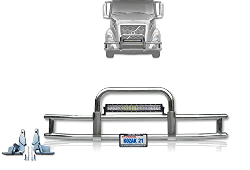 Kozak Semi Truck Bumper Guard Deer Guard Moose - Rectangular Tube- Compatible with Volvo VNL 2018 - 2020 Plus Logo, LED Bar 120W, Brackets, Wipers and Kozak Vest