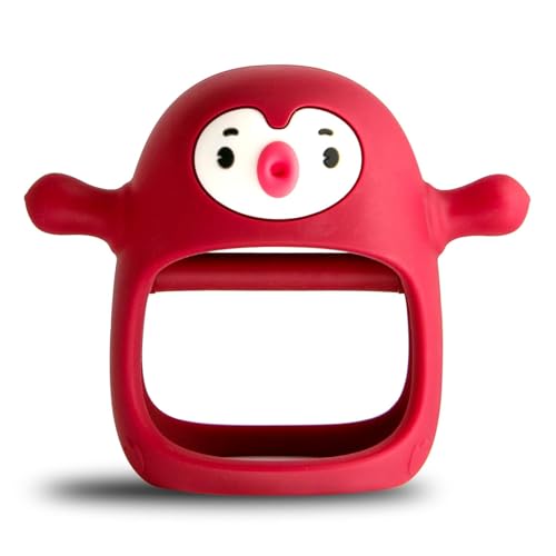 Image of Penguin Buddy Never Drop Silicone Baby Teething Toy for 0-6month Infants, Baby Chew Toys for Teething Pain Relief, Hand Teether for 3-6Months,Gum Massager for Babies (Red)