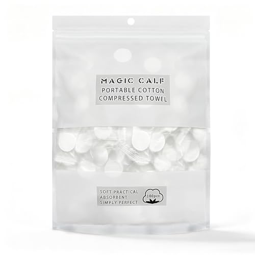 Classycoo Compressed Towel 100 PCS Mini Tablets Disposable Portable Face Towel Cotton Coin Tissue for Travel, Camping, Hiking, Sport, Beauty Salon, Home Hand Wipes and Other Outdoor Activities (White)