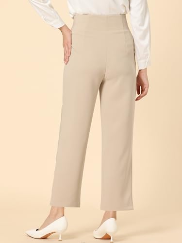 Allegra K Elegant Business Pants for Women's Elastic Waist Button Decor Straight Leg Work Trousers3