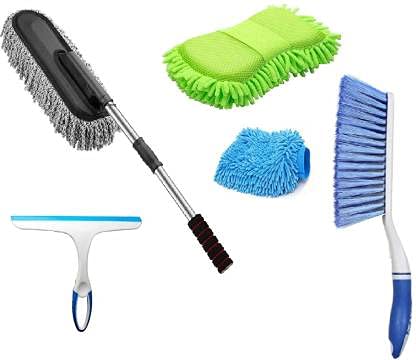 Jungli Car Cleaning Accessories Combo/ Washing Sponge /Glass Wiper/Cleaning Duster/Carpet Brush/Microfiber Hand Gloves/ Pack of 5