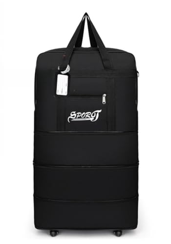 Fiozwea 折りたたみ・拡張可能 大容量トラベルバッグ、ビジネス旅行用機内持ち込みバッグ、航空会社受託手荷物対応オックスフォード布ダッフルバッグ、キャスター付き、大容量、軽量 (m,ブラック、ラゲッジタグ付き)