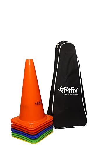 Fitfix Agility Marker Plastic Cones for Soccer, Cricket, Training Traffic Cone, Dog Agility Soccer Cricket Track and Field Sports and Outdoor Agility Training – Multicolor Soccer Cricket Track and Field Sports (Pack of 12) (Height 12 Inches – Large) with strong STORAGE CARRY BAG