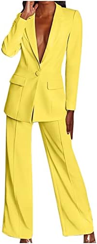 wodceeke Suits for Women Office Professional Long Sleeve Blazer Jacket and Floor-Length Wide Leg Pants Casual Business Sets Yellow
