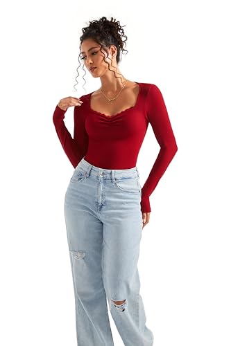 Image of SUUKSESS Women Sweetheart V Neck Long Sleeve Tops Lace Trim Ribbed Modal Fall Going Out Shirts
