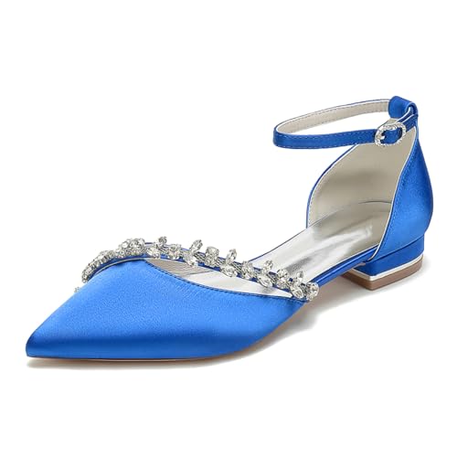 HQINGAXU Mujer Sandalias con Correa En El Tobillo Satinadas Y Cómodas Zapatos De Novia Strass Tacón Plano Zapatos De Noche Formales Punta Cerrada Zapatos De Vestir,Azul,38 EU