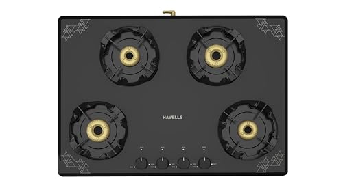 Image of Havells Nucleus Slim Gas stove |4 Heavy Duty Forged Brass Burner|8 mm Toughened Glass|Premium Valves|Removable Drip Tray|Soft Touch Knobs|5 year Warranty on Burners, Glass & Valves by Havells (Black)