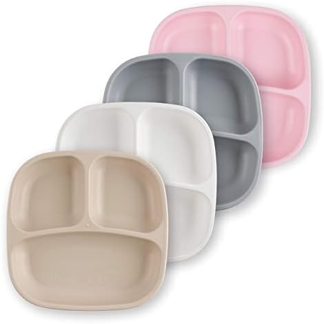 Re Play - 4 Pack 7.37" Divided Plates with Deep Sides for Baby, Toddler & Child Feeding | BPA Free | Made in USA from Eco Friendly Recycled Milk Jugs | Seashell (White, Ice Pink, Sand & Grey)