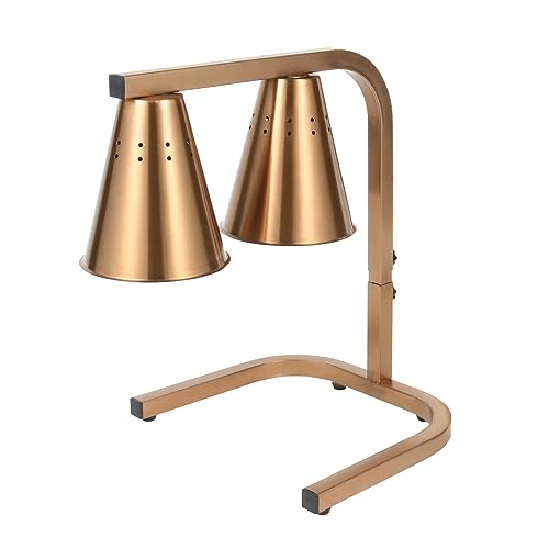 Restlrious Food Heat Lamp Freestanding Commercial Dual Head Food Warmer, Gold Stainless Steel 120V Electric Fan-Shaped Lampshade Food Heat Lamp w/250W Clear Bulbs, for Buffet Food Service