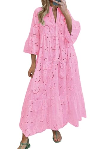 Image of chouyatou Women's 2026 Lace Eyelet Embroidery Maxi Dress V-Neck Trumpet Sleeve Boho Flowy Swing Dress
