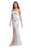 Strapless Prom Dresses for Women Elegant Mermaid Satin Ruffles Casual Maxi Dress with Slit 2025 Plus Size Silver 16 JA0331