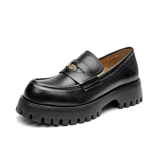 Image of BEAU TODAY Chunky Loafers for Women, Platform Penny Loafers for Women, Chunky Heel Lug Sole Leather Shoes Casual Comfortable Business Work Shoes Slip-on Black-C US 9