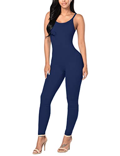 Amilia Womens Spaghetti Strap Bodycon Tank One Piece Jumpsuits Rompers Playsuit (S, Navy Blue)