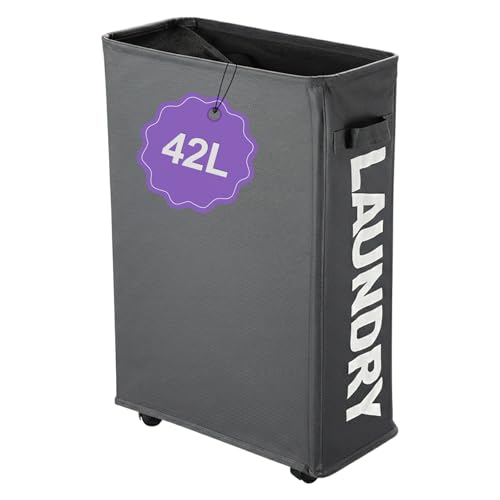 Image of 42L Narrow Rolling Laundry Basket, Slim Laundry Hamper with Wheels and Brake, Collapsible Skinny Laundry Cart for Dorm and Small Spaces, Dark Gray