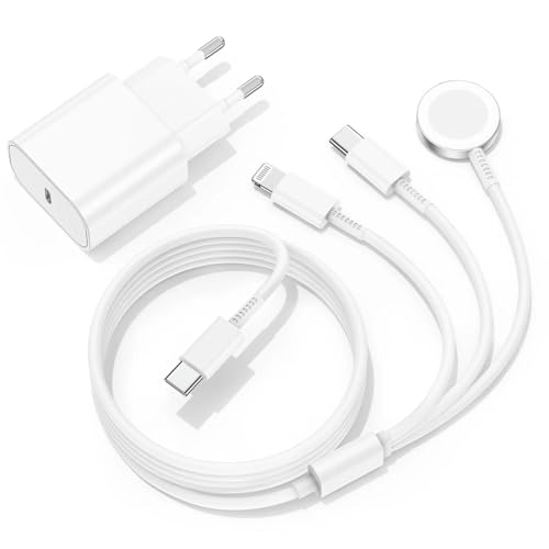 3 in 1 Ladekabel für Apple Watch und iPhone, 20W USB C Ladegerät Schnellladegerä mit Typ C und Lightning Kabel 2m für iWatch Serie 10/9/8/7/6/SE/5/Ultra,für iPhone 17/16 Pro Max/15 Plus/14/13/12/11
