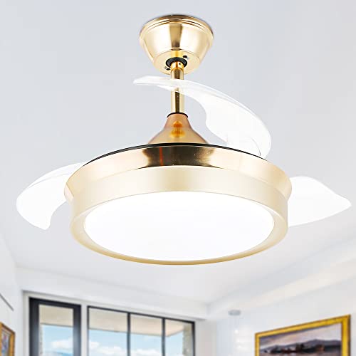 Image of 36'' Retractable Ceiling Fan with LED Light and Remote Control, Retractable Blades, 3 Color Dimmable Modern Ceiling Fan for Bedroom /Living Room /Dining Room Gold