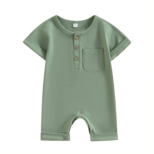 Image of iddolaka Unisex Newborn Baby Boy Girl Short Sleeve Button Romper Jumpsuit One-Piece Outfits Solid Color Clothes