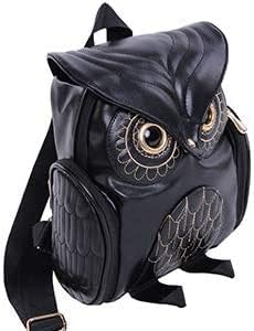 HYY Black Woman PU Leather Owl Cartoon Backpack Fashion Casual Satchel Purse - Image 3