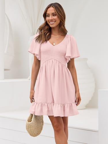Image of LILLUSORY Women's Flowy Casual Mini Dresses 2026 Summer Graduation Smocked V Neck Vacation Dress Dress with Pockets