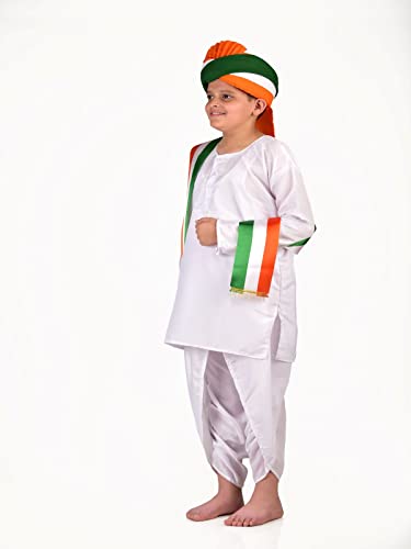 Image of BookMyCostume Tricolor Turban and Stole with Dhoti Kurta Indian Patriotic Independence Day Kids Fancy Dress Costume 12-14 years