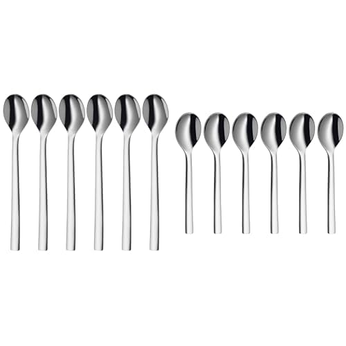 WMF Nuova Latte Macchiato Löffel Set 6-teilig, Lange Löffel 19 cm, Joghurtlöffel, Cromargan Edelstahl poliert & Nuova Espressolöffel Set, 6-teilig, L 11 cm, Cromargan Edelstahl poliert