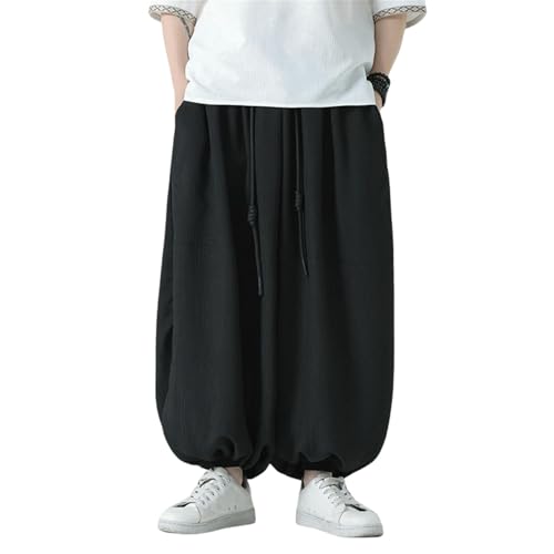 Men's Spring Summer Chinese Style Faux-Linen Vertical Stripes Loose Harem Trendy Lantern Long Pants