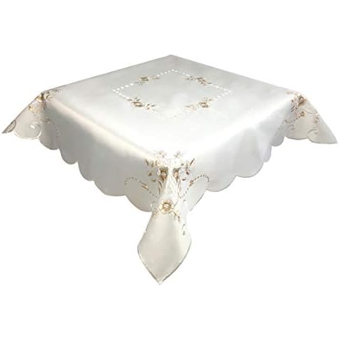 Light Brown Floral Embroidered Tablecloth in a 85 x 85 cm (34 x 34 inch) Square. Scalloped Edge with Cut Work (10035) Cover