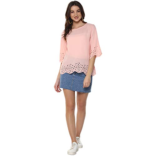 Image of mayra Women's Pink Color 3 /4 Sleeve Laser Cut Out Top