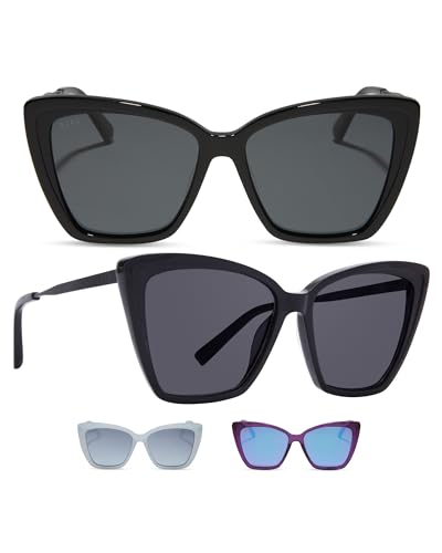 DIFF Becky II Designer Oversized Cat Eye Sunglasses for Women UV400 Protection, Black Fashion Frames