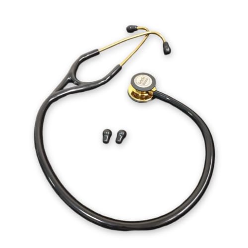 Image of Fidelis Healthcare Stainless Steel Dual Head Acoustic Stethoscope | Adult and Pediatric Stethoscope with Double-Sided Gold Plated Chestpiece | Perfect for Doctors, Medical Students with Flexible Tube and Soft Sealing Ear Knobs (Black)