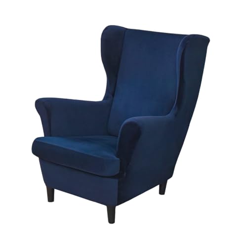 PENDEJATO Wing Chair Slipcovers, 2 Piece Stretch Wingback Chair Cover Soft Velvet Armchair Covers with Elastic Bottom for Living Room Bedroom (Dark Blue)
