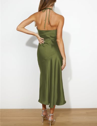 Image of VUBIYA Women's Summer Satin Strapless Slit Halter Midi Dress Wedding Guest