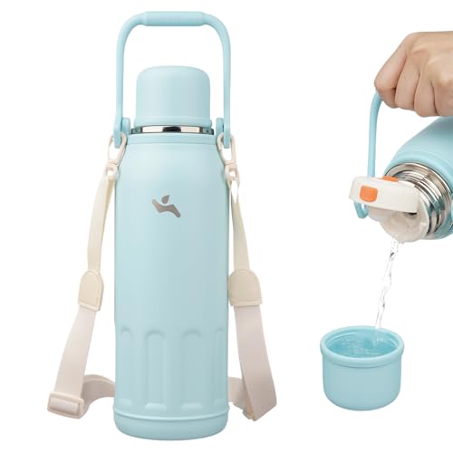 Image of Insulated Water Bottle with Handle and Strap,Vacuum Travel Tumbler with Cup Lid,Thermo Coffee Cup for Hot Cold Drinks 50 OZ,Cyan Blue