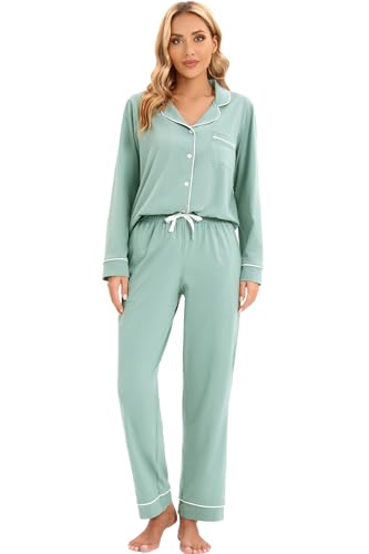 Image of LUBOT 100% Cotton Pajamas for Women Pajama Set Soft 2 Piece Sleepwear PJ Set Long Sleeve Knit Button Cozy Loungewear XS-XXL