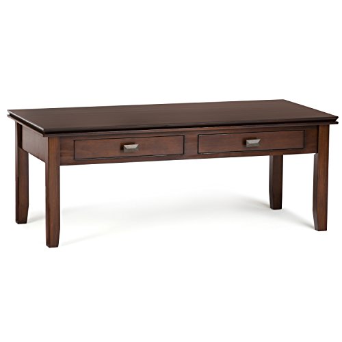 SIMPLIHOME Artisan Coffee Table - 46 inch Wide Solid Wood Transitional Cocktail Table in Russet Brown, Classic Living Room Table with 2 Drawers, Open Shelf, and Square Brushed Nickel Knobs