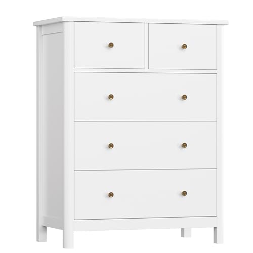 HOUSUIT White Dresser with 5 Drawers, Tall Chest of Drawers, 5 Drawer Dresser with Deep Space, Wood Storage Cabinet for Living Room, Hallway, Office, White