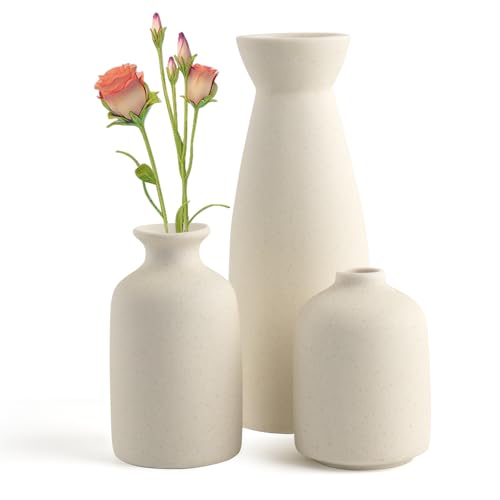 PinnWaa Jarrón Cerámica Decorativo Moderno para Hogar | 3 Floreros Artesanal con Diseño Minimalista para Salón/Dormitorio | Decoración Hogar con Pampas y Flores Secas - Beige