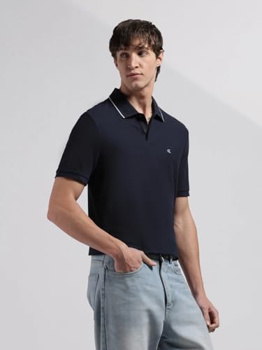 Image of Calvin Klein Jeans Solid Regular Fit Cotton Polo T-Shirt Breezy Blue
