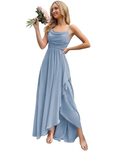 Chiffon Bridesmaid Dresses Women Cowl Neck Spaghetti Straps A-Line Prom Evening Dress with Slit