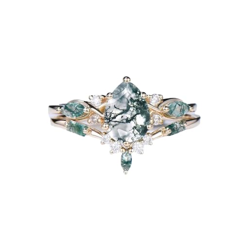 Moss-Agate-Engagement-Ring-1CT-Oval-Moss-Agate-Engagement-Ring-Set-Five-Stone-Pear-Aquatic-Agate-Wedding-Set-S92510K14K18K-Women-Crown-Moissanite-Stacking-Band-Unique-Gift-For-Her-Size3-13